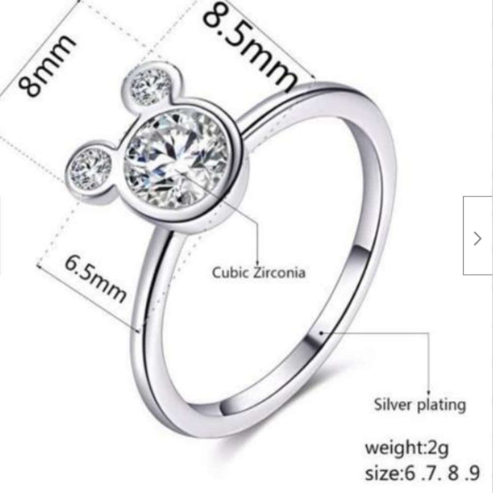 Mickey Mouse Icon Ears Ring Silver Size 7 Silver Plated Cubic Zirconia - Picture 3 of 6
